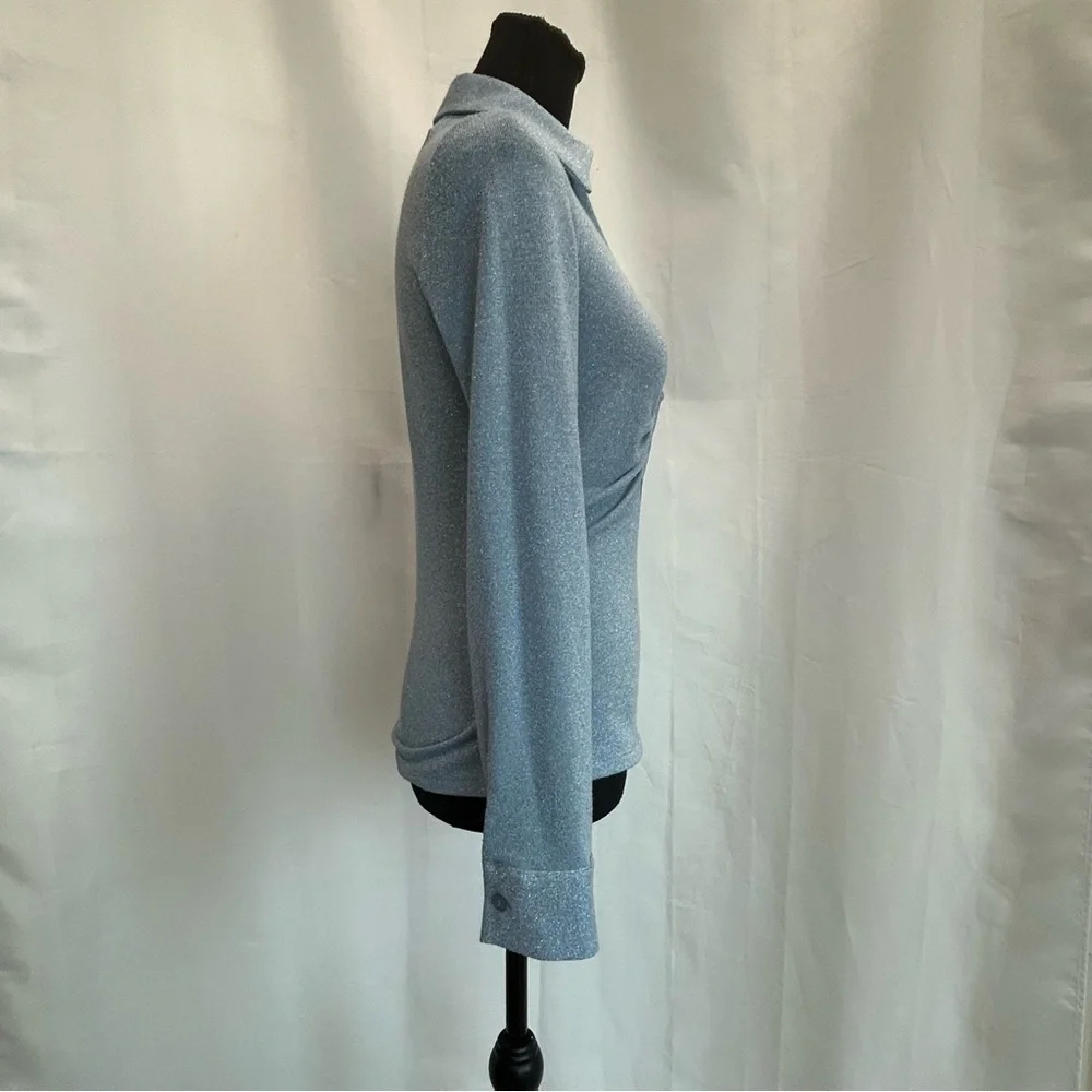 Zara light blue shimmer metallic glitter long sleeve keyhole collared blouse top - Picture 5 of 16